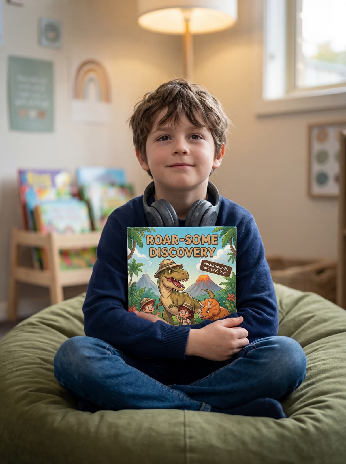 A child happily reading a personalized phonics storybook