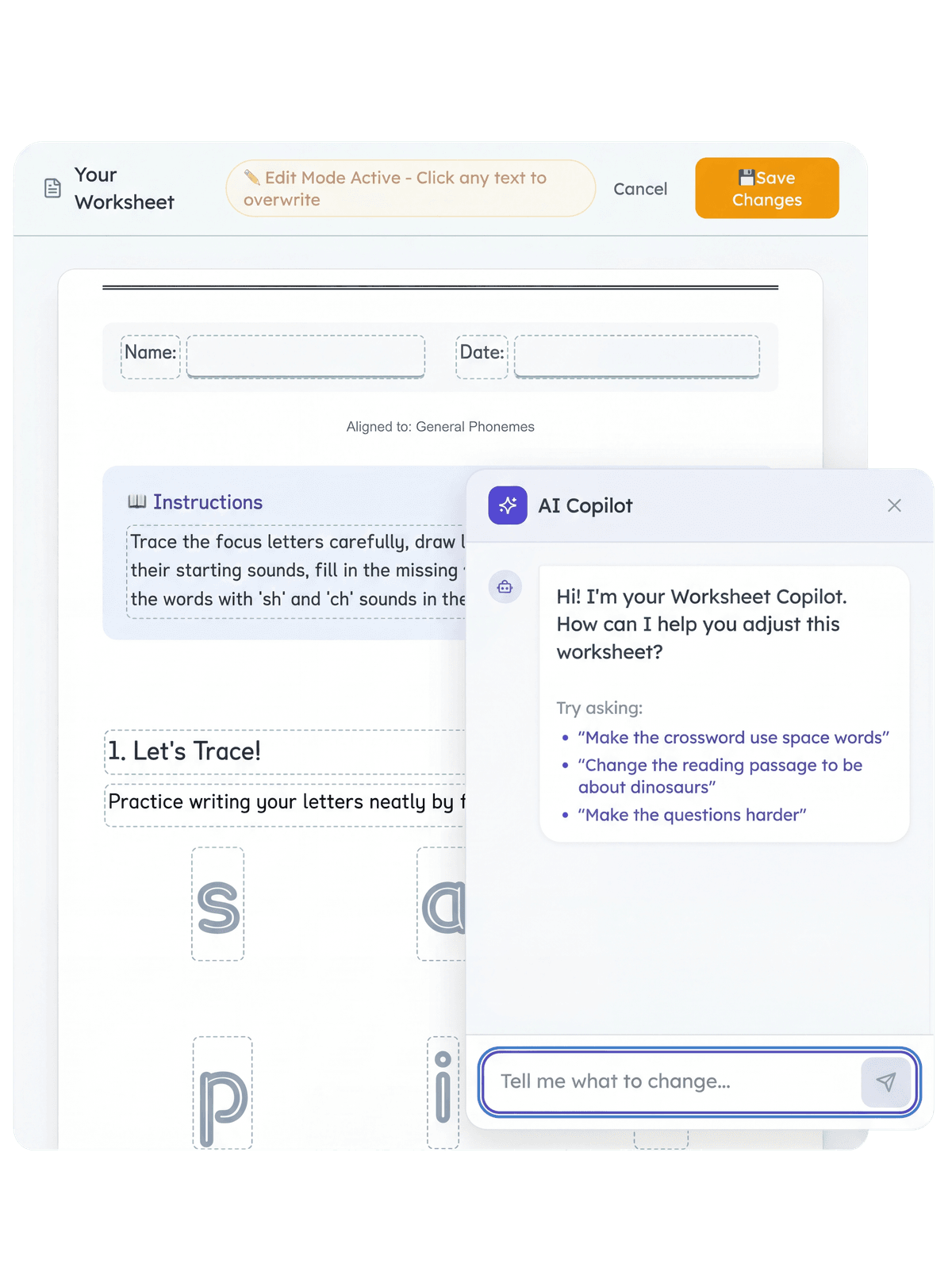 A hand clicking on a highlighted word to edit it in-place