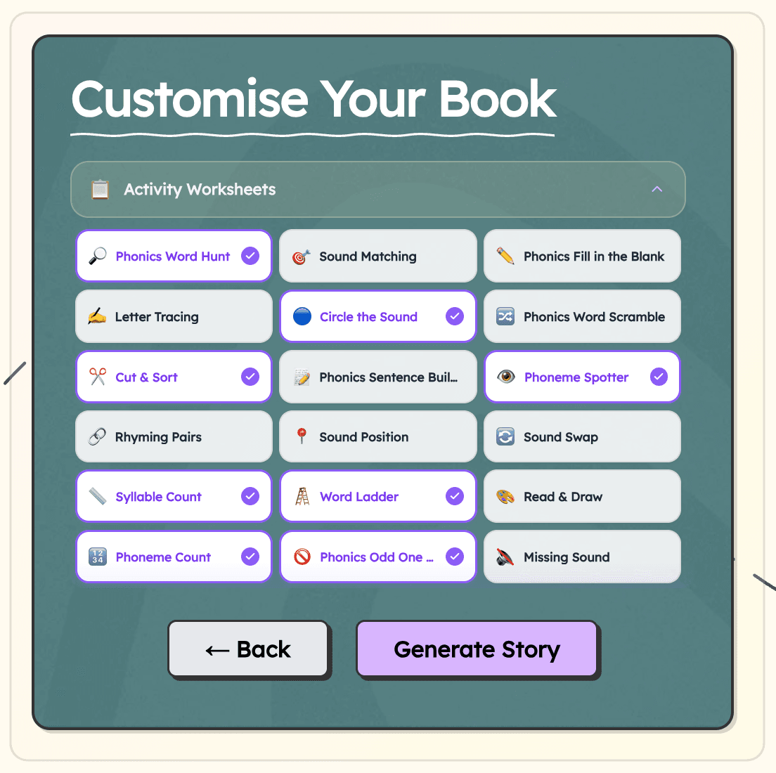 Fun activity pages with colorful annotations