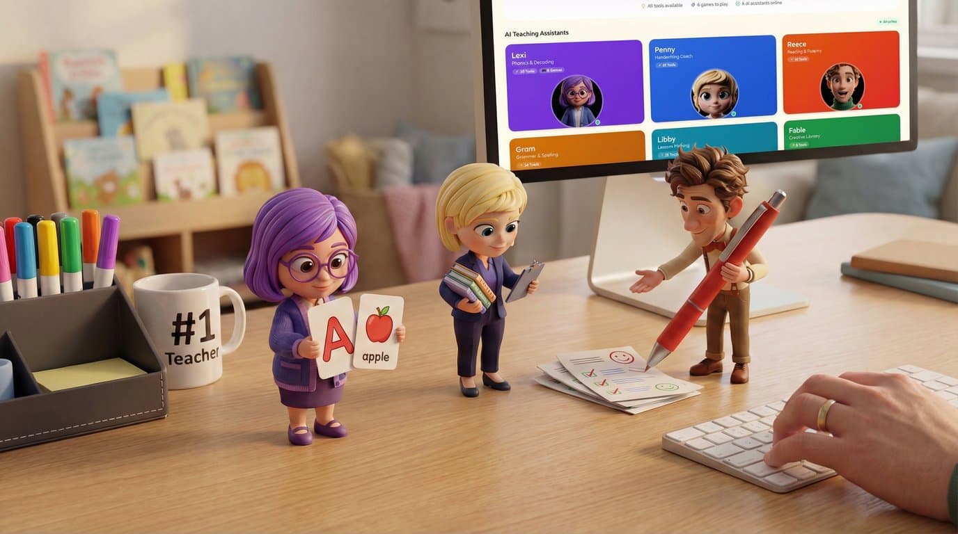 PhonicsMaker AI teaching assistants on a classroom desk