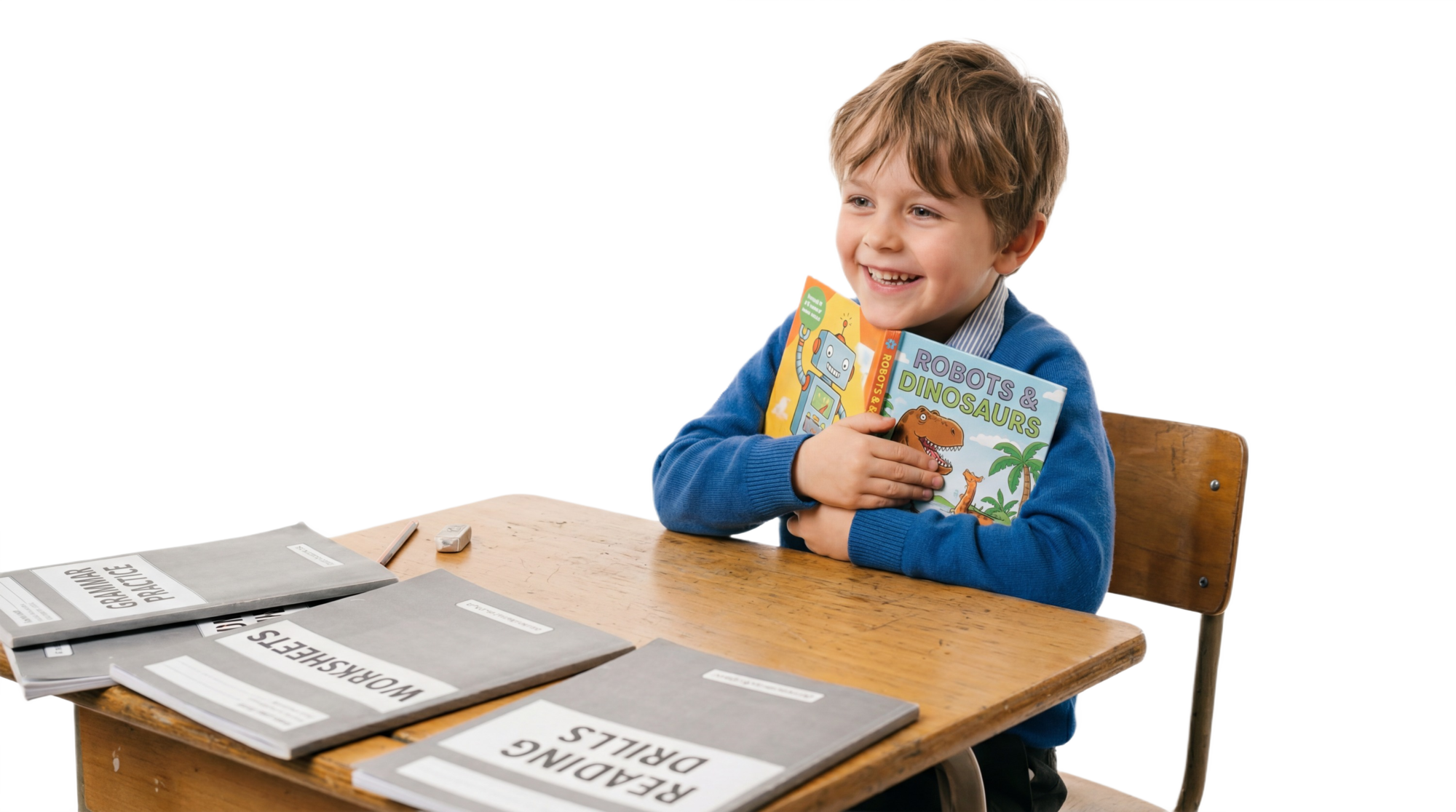Happy student holding a personalized phonics storybook